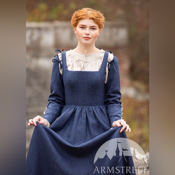 NWOT Armstreet German Rose Corset Dress in blue linen - Picture 2 of 10